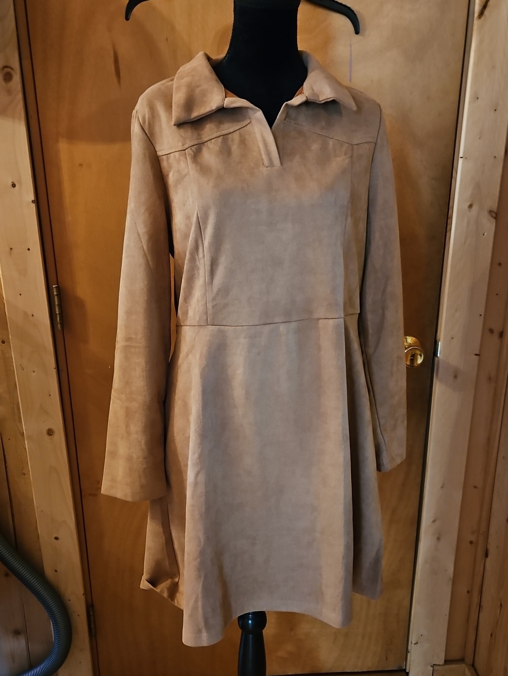 Allegra K Taupe Suede-Look Long Sleeve A-Line Dress